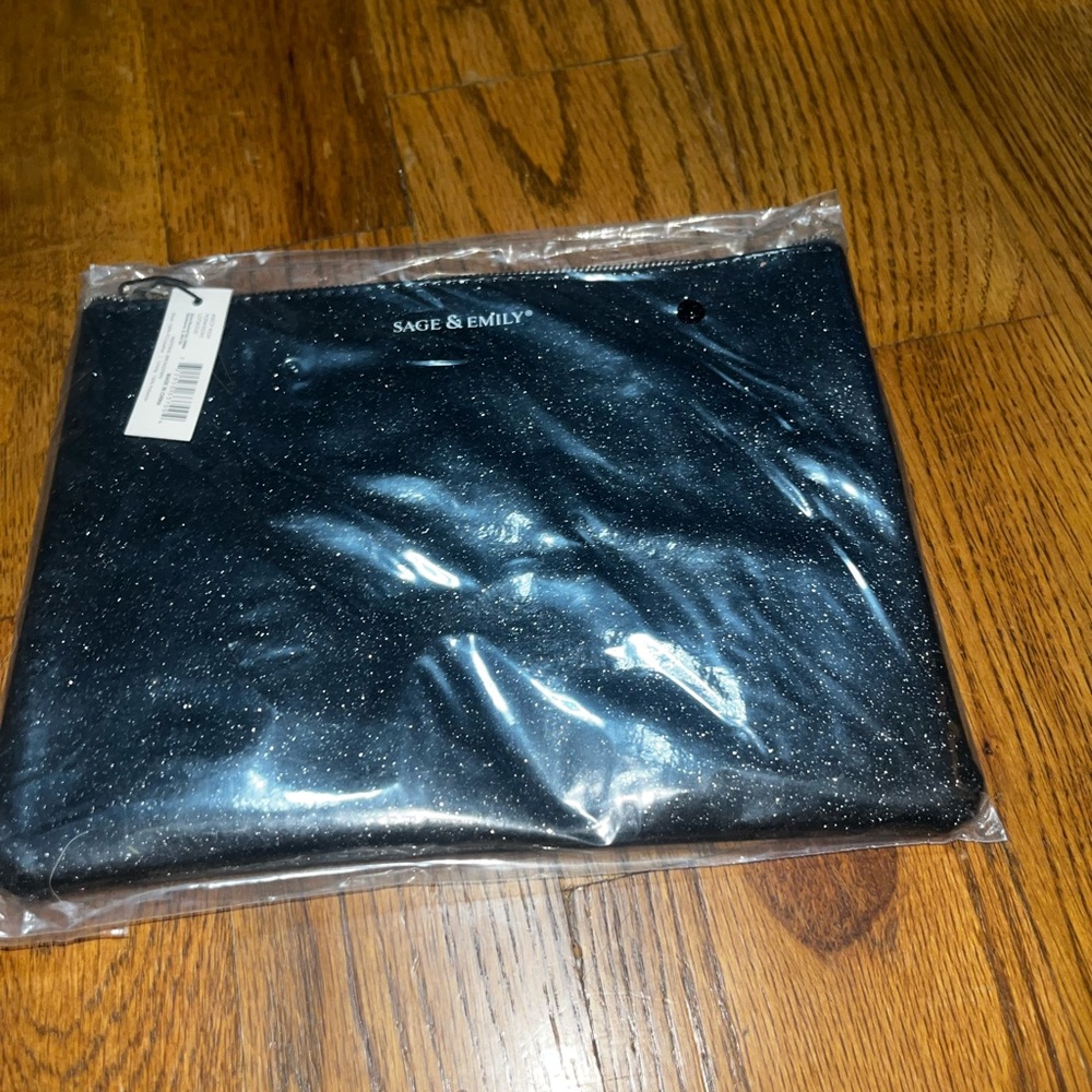 NWT Sage & Emily Black Patent Glitter Zip Top Cosmetic Pouch Bag